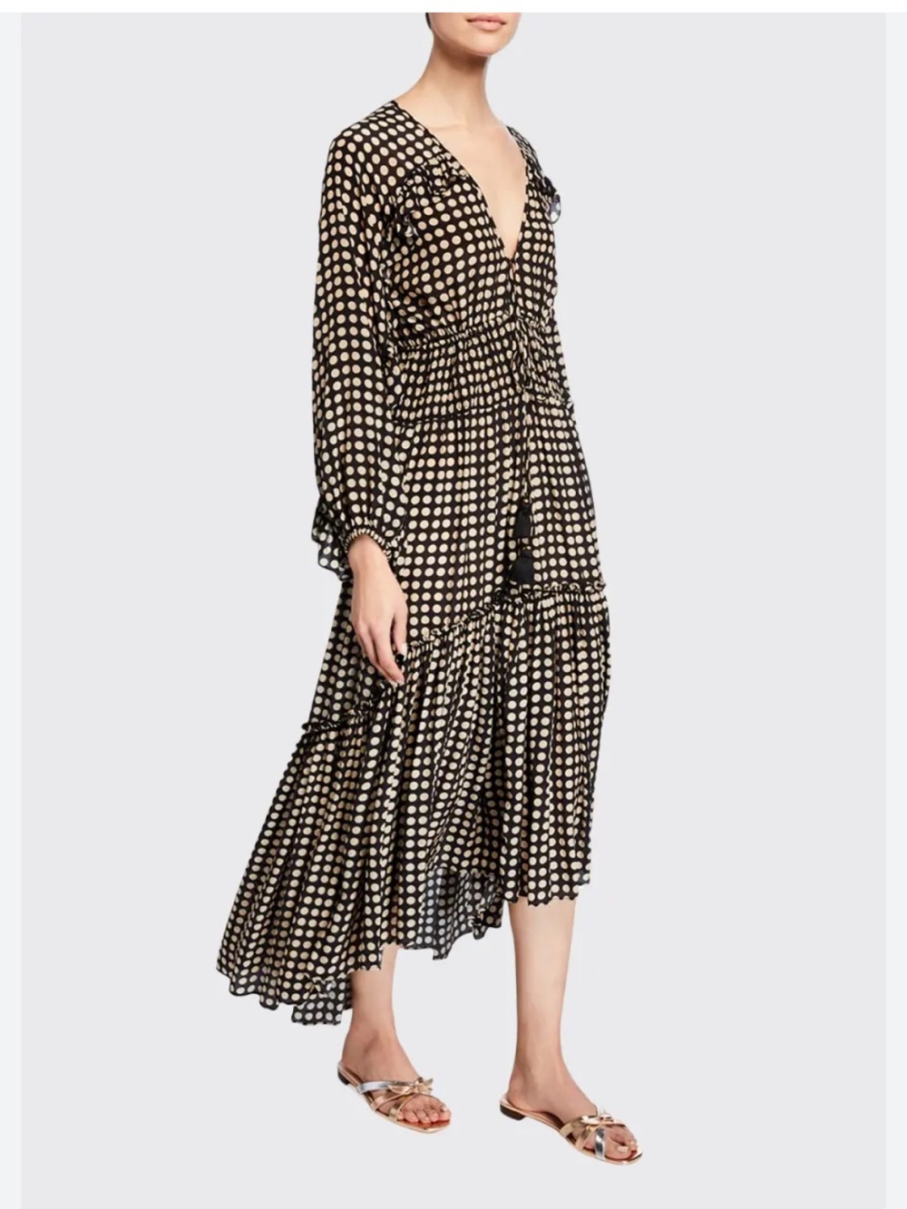 FIGUE Polka Dot Smocked Boho Maxi Dress XS Black Beige Ruffle Sleeve